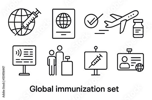 Global vaccination line icons set – outline, immunization and health care symbols