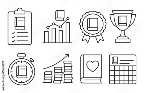 Reading challenge outline icons set – book, progress and achievement symbols