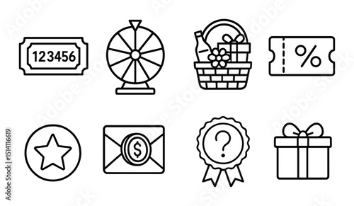 Raffle prize outline icons set – awards, gift ideas and celebration symbols