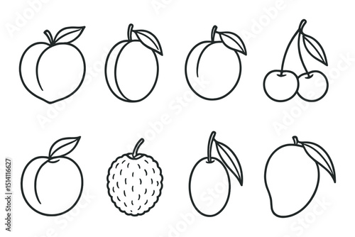 Stone fruits outline icons set – simple, minimal and collection symbols