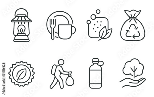 Eco camping essentials icons set - outline, environment and nature conservation symbols
