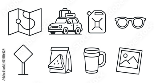 Road trip essentials linear icons set – outline, travel and journey symbols