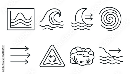 Tidal chart outline icons set – marine, waves, ocean-themed symbols for navigation