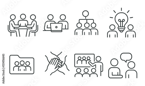 Teamwork and collaboration icon set – line style, teamwork and cooperation symbols