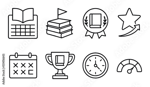 Reading goals icons set – silhouette, literacy objectives and achievement symbols