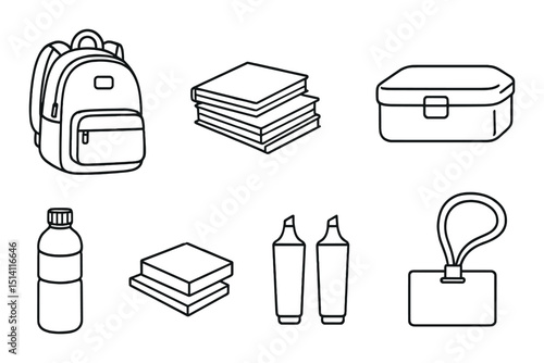 Backpack essentials outline icons set – silhouette, travel and adventure symbols