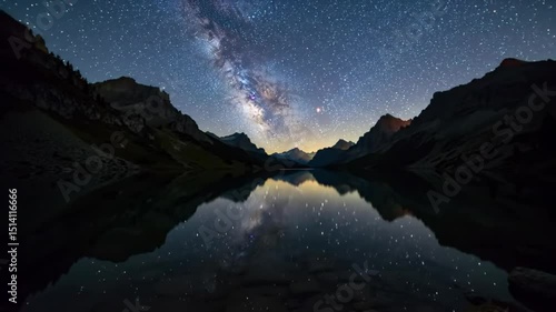 Milky Way Over Lake and Mountain: A breathtaking panorama of the night sky mirrored in a tranquil lake, with majestic mountains framing the scene. A mesmerizing cosmic spectacle of the galaxy.