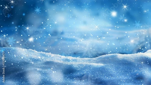 A snowy landscape with a soft, blue sky, bright stars, and falling snow. The scene evokes a winter wonderland and a sense of peaceful solitude, captured with a bright and airy aesthetic.