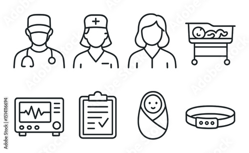 Maternity ward outline icons set – simple, neonatal and delivery room symbols