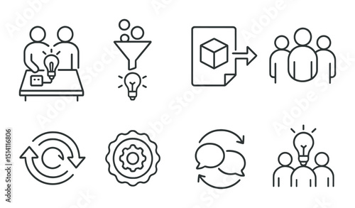 Teamwork and innovation linear icons set – outline, brainstorming and collaboration symbols