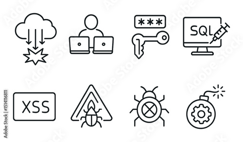Cyberattack outline icons set: security, data protection, and hacking symbols