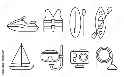 Water sports outline icons set – aquatic activities, recreation and adventure symbols