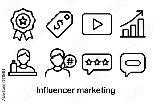 Influencer marketing linear icons set – outline, digital branding and social media symbols