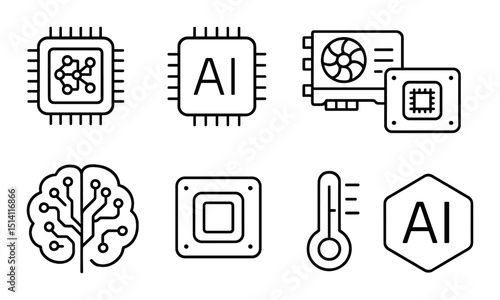 Ai chip technology linear icons set – outline, futuristic and digital elements