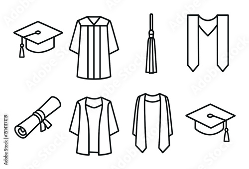 Graduation attire silhouette icons set – gown, cap, and ceremony symbols