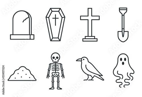Graveyard and halloween silhouette icons set – spooky, cemetery and ghostly symbols