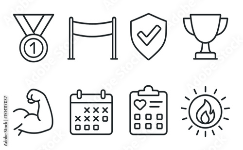 Fitness and health silhouette icons set – outline, exercise and workout symbols