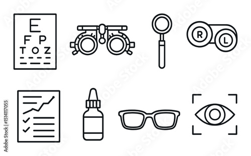 Vision screening essentials icons set – outline, eye exam and test symbols