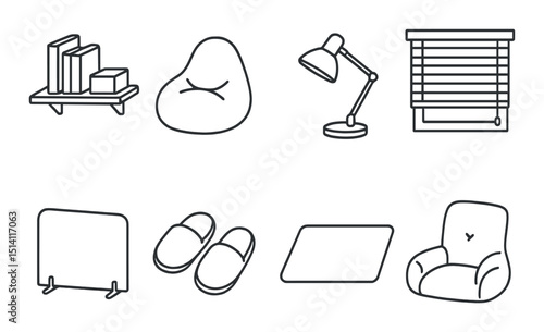 Cozy study nook silhouette icons set – outline, simple and comfortable workspace symbols