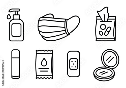 Essential care kit outline icons set – hygiene, health and wellness symbols