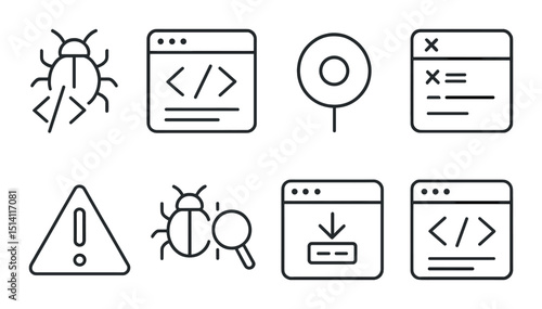 Code debugging silhouette icons set – line, troubleshooting and programming symbols
