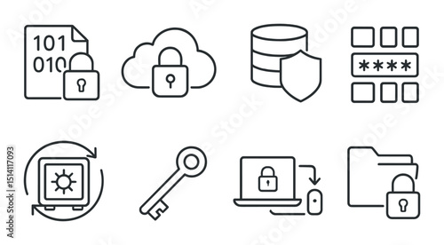 Data protection outline icons set – security, privacy, encryption symbols