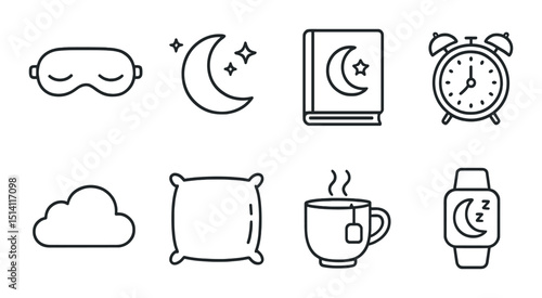 Healthy sleep essentials outline icons set – bedtime, rest, and relaxation symbols