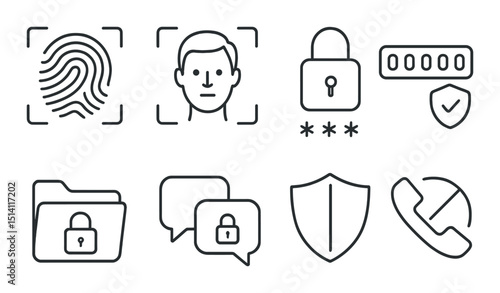 Device security outline icons set – silhouette, protection and privacy symbols