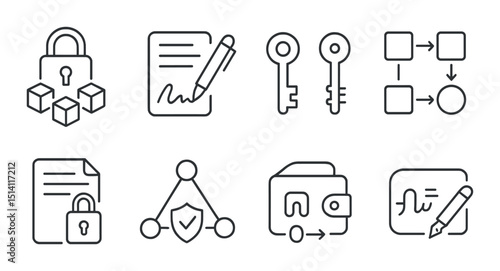 Cryptographic security icons set – silhouette, blockchain and encryption symbols