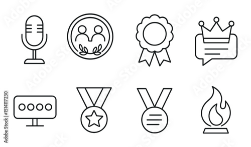 Debate and championship outline icons set – trophies, awards, and discussion symbols