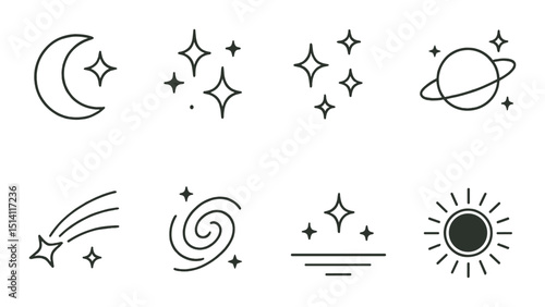 Celestial silhouette icons set – outline, cosmic and astronomy symbols collection