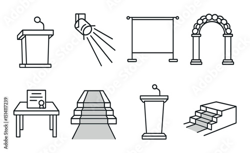 Ceremony stage outline icons set – simple, event and celebration symbols collection