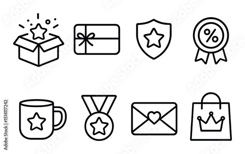 Customer loyalty outline icons set – rewards, perks and membership symbols