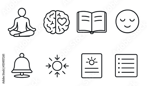 Mental wellness outline icons set – mindfulness, mental health and relaxation symbols