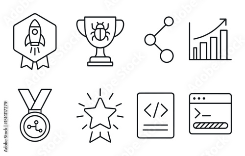 Developer achievement outline icons set – coding, programming and tech success symbols