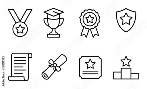 Academic award icons set – outline, education certificate and prize symbols collection