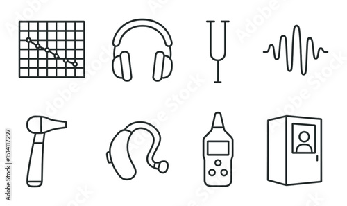 Hearing test linear icons set – outline, audiology and sound examination symbols
