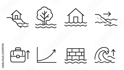 Sea level linear icons set – flood, climate, and rising water symbols