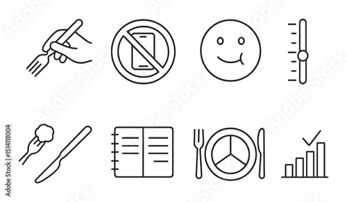 Mindful eating line icons set – outline, wellness and nutrition awareness symbols