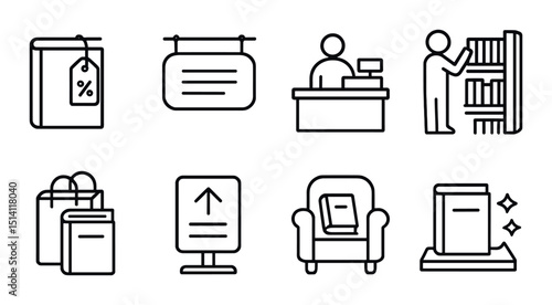 Bookstore outline icons set – reading, library and literature symbols in linear style