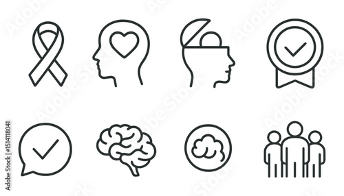 Mental health outline icons set – wellness, therapy and support symbols