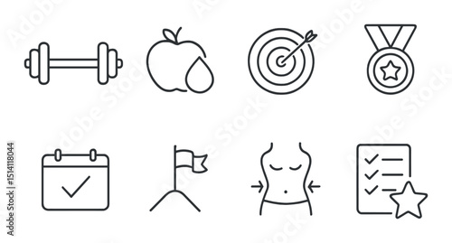 Fitness goal linear icons set – outline, health and wellness symbols for planning