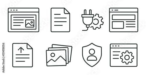 Cms tool outline icons set – linear, web development and management symbols