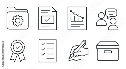 Project management outline icons set – closure, completion, and task symbols
