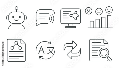 Nlp tools linear icons set – outline, language and processing symbols collection