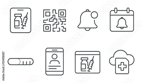 Digital vaccination outline icons set – health, medical, immunization graphics