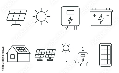 Solar energy line icons set – outline, renewable power and sustainable solutions