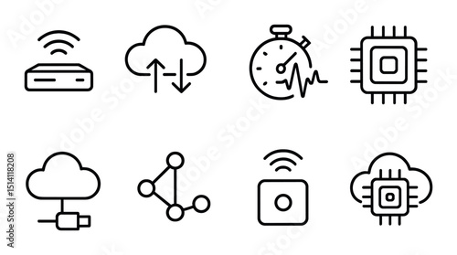 Edge computing line icons set – outline, network and technology symbols
