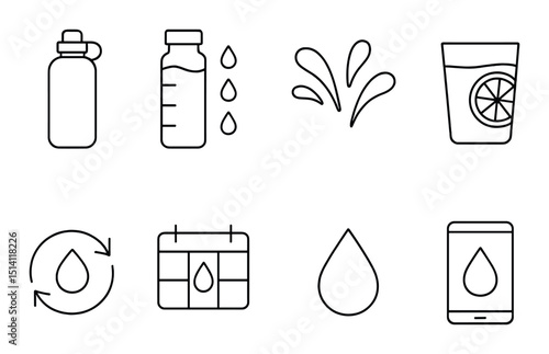 Hydration line icons set – outline, water consumption and wellness symbols