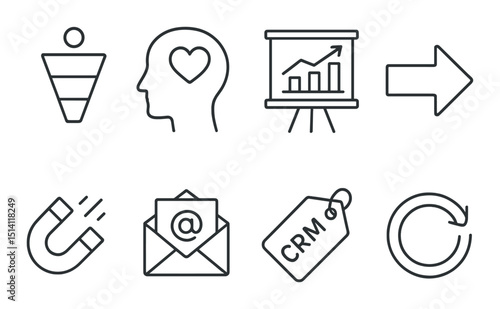 Marketing funnel outline icons set – conversion, crm, lead management symbols